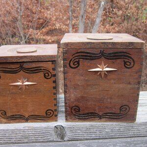 MCM Wood Kitchen Canisters Vintage Hand Carved Hardwood Japan CI Star Nesting